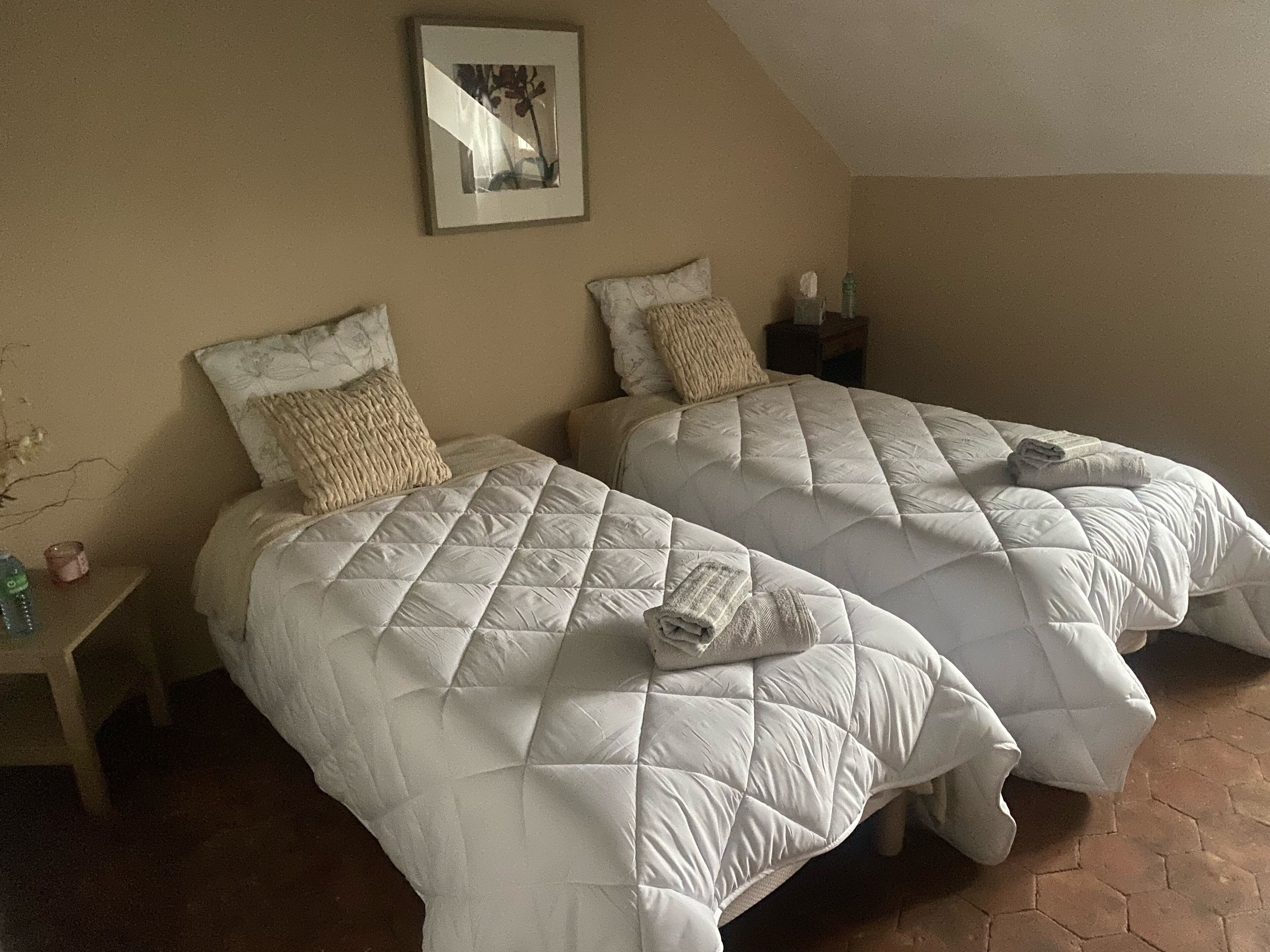 Two beds with white quilts, a framed picture on the wall, and a small table with a bottle and a glass.