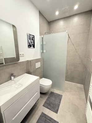 Dusche, Haartrockner, Handtücher, Seife