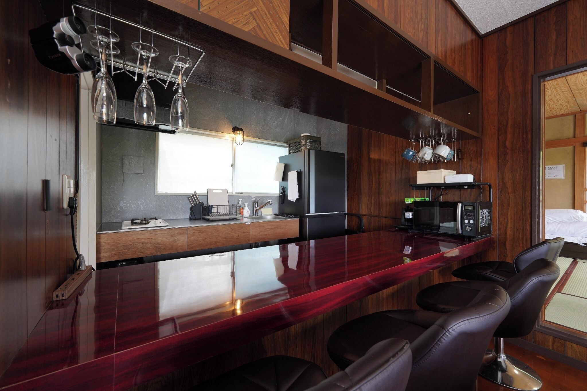 Fridge, microwave, stovetop, cookware/dishes/utensils