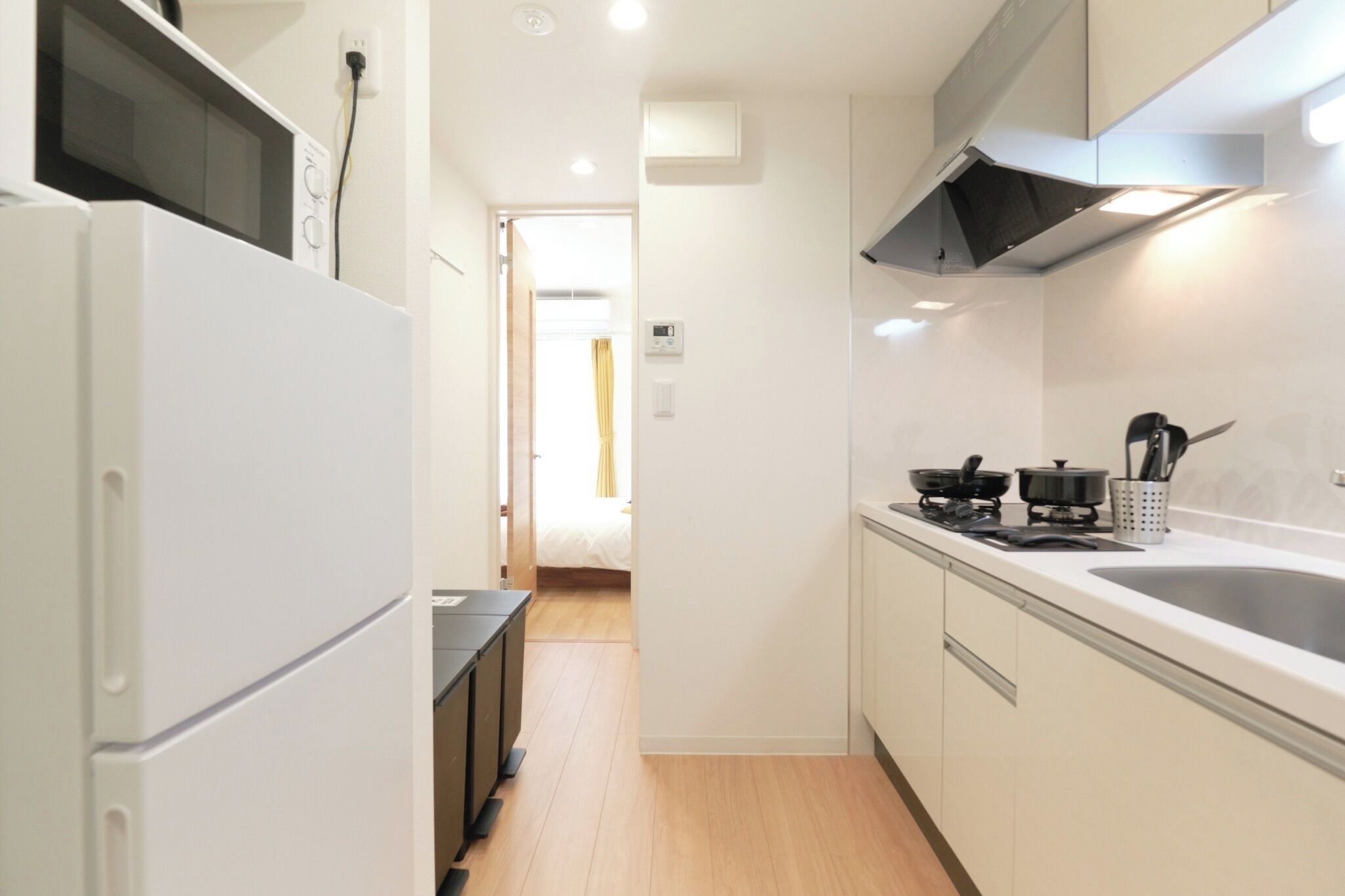 Kühlschrank, Mikrowelle, Herdplatte, Kochgeschirr/Geschirr/Besteck