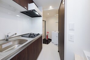 Kühlschrank, Mikrowelle, Herdplatte, Kochgeschirr/Geschirr/Besteck