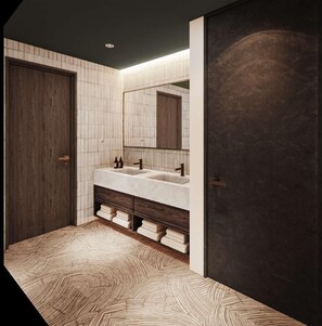 Buồng tắm vòi sen, máy sấy tóc, khăn tắm, dầu gội 