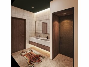 Shower, hair dryer, towels, shampoo