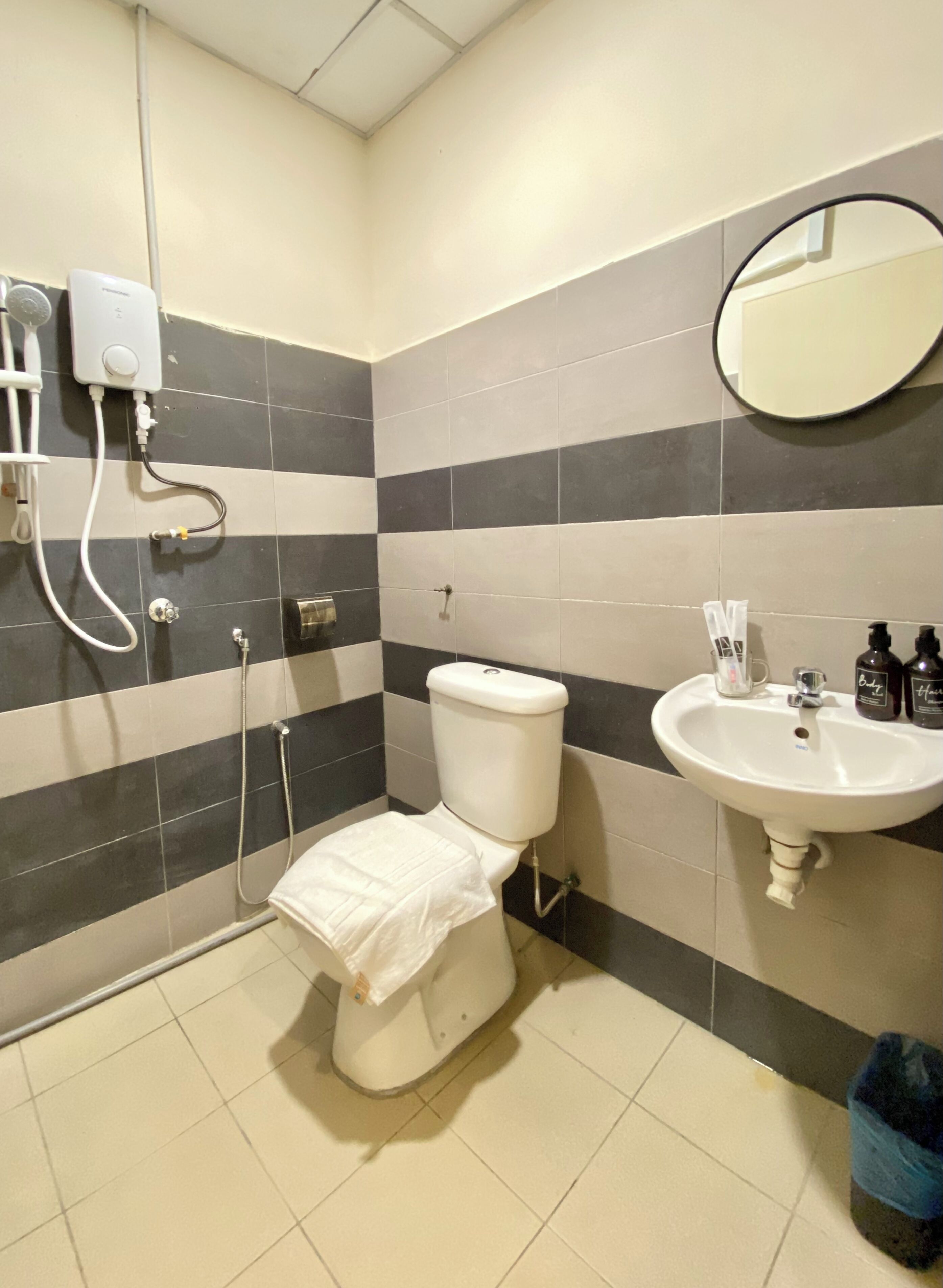 Shower, towels, shampoo, toilet paper