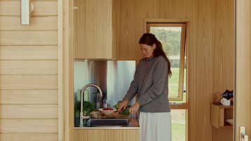 Fridge, stovetop, coffee/tea maker, electric kettle