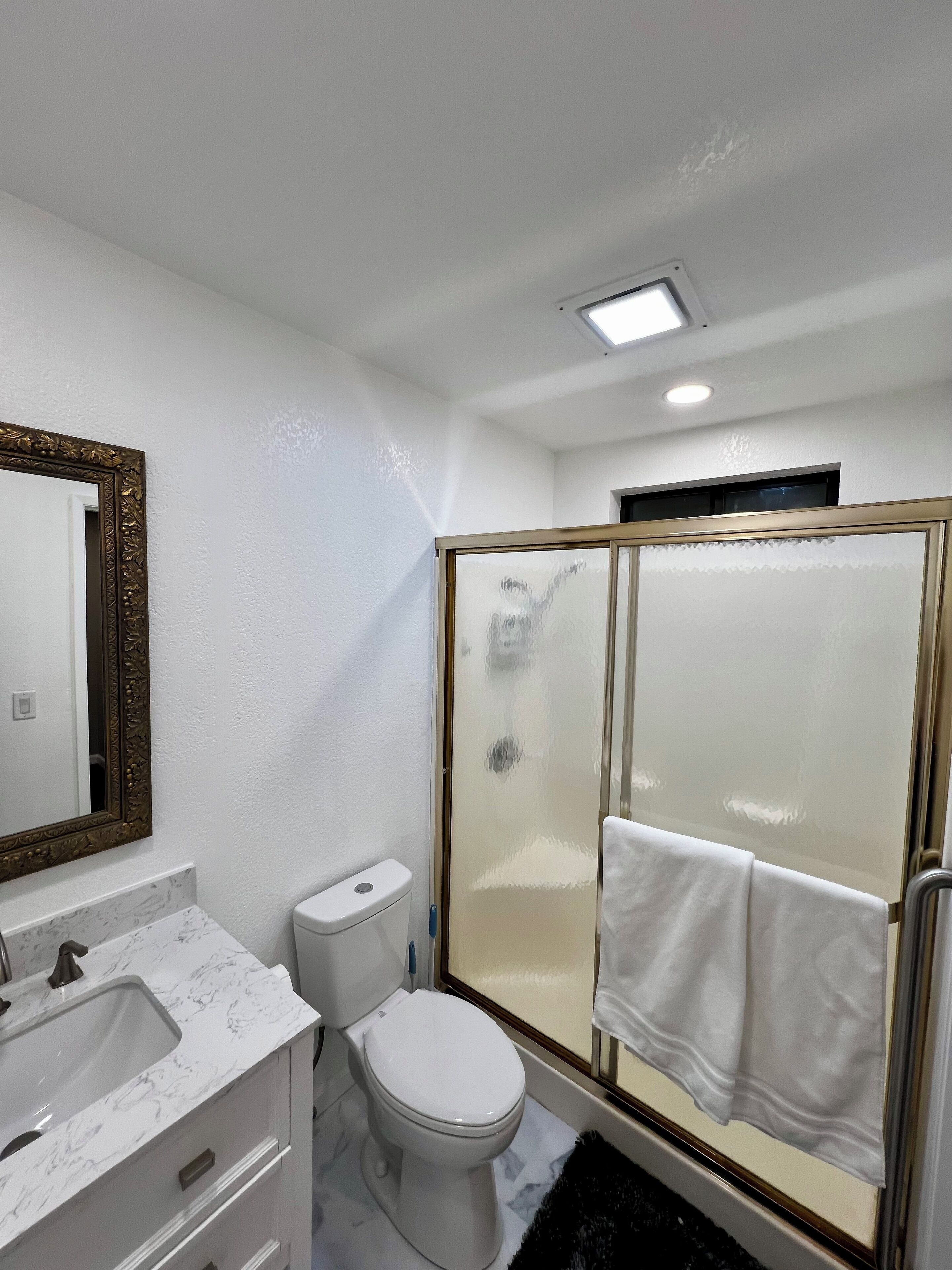 Shower, towels, soap, toilet paper