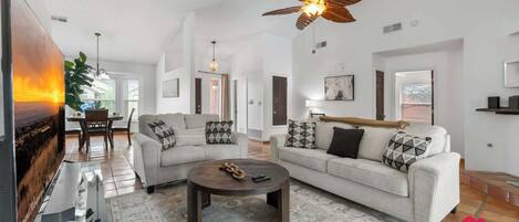 TV, fireplace, offices