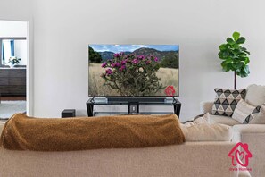 Televisión, chimenea y oficina 