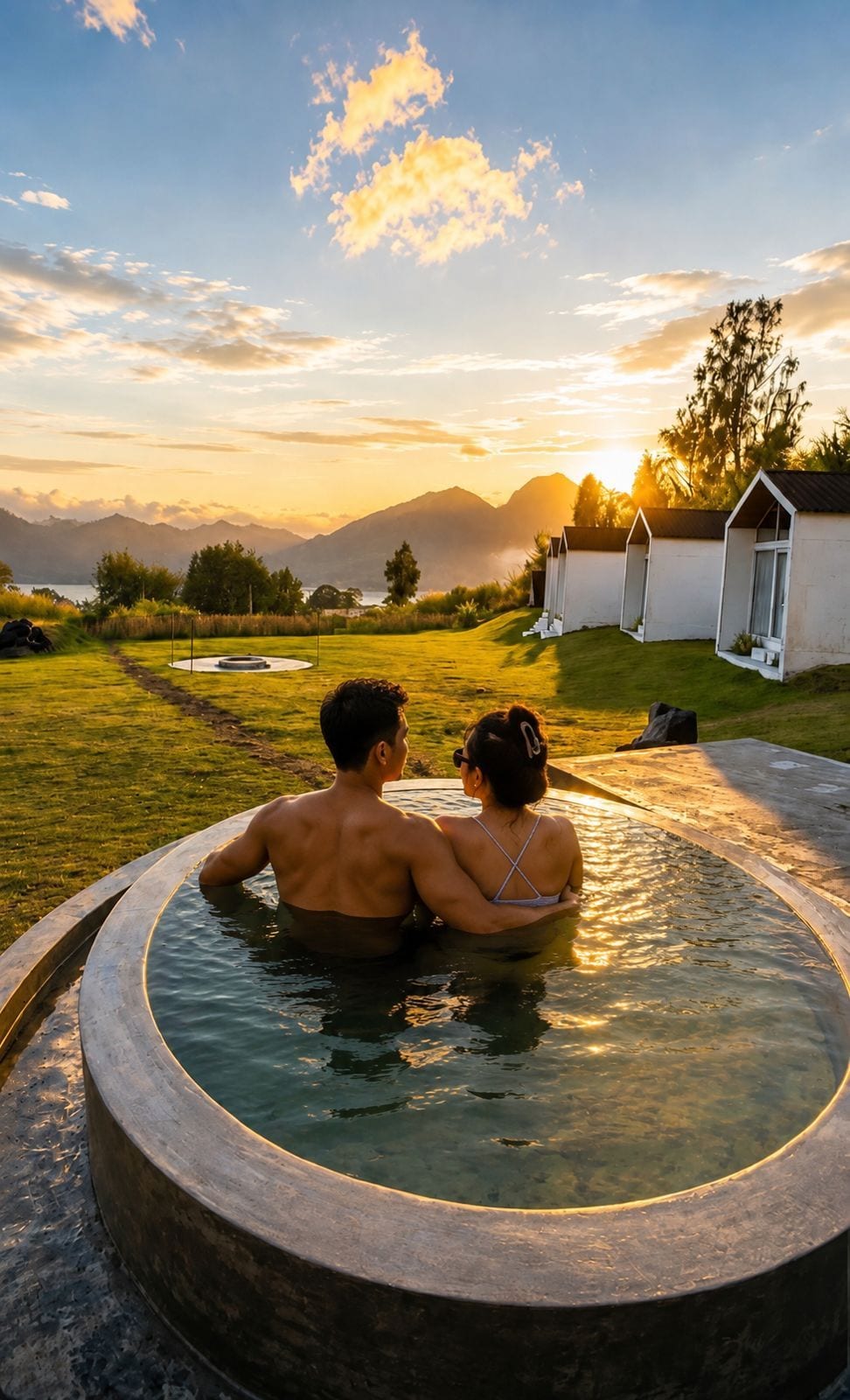 Una pareja en un jacuzzi con vista a montañas y al atardecer.