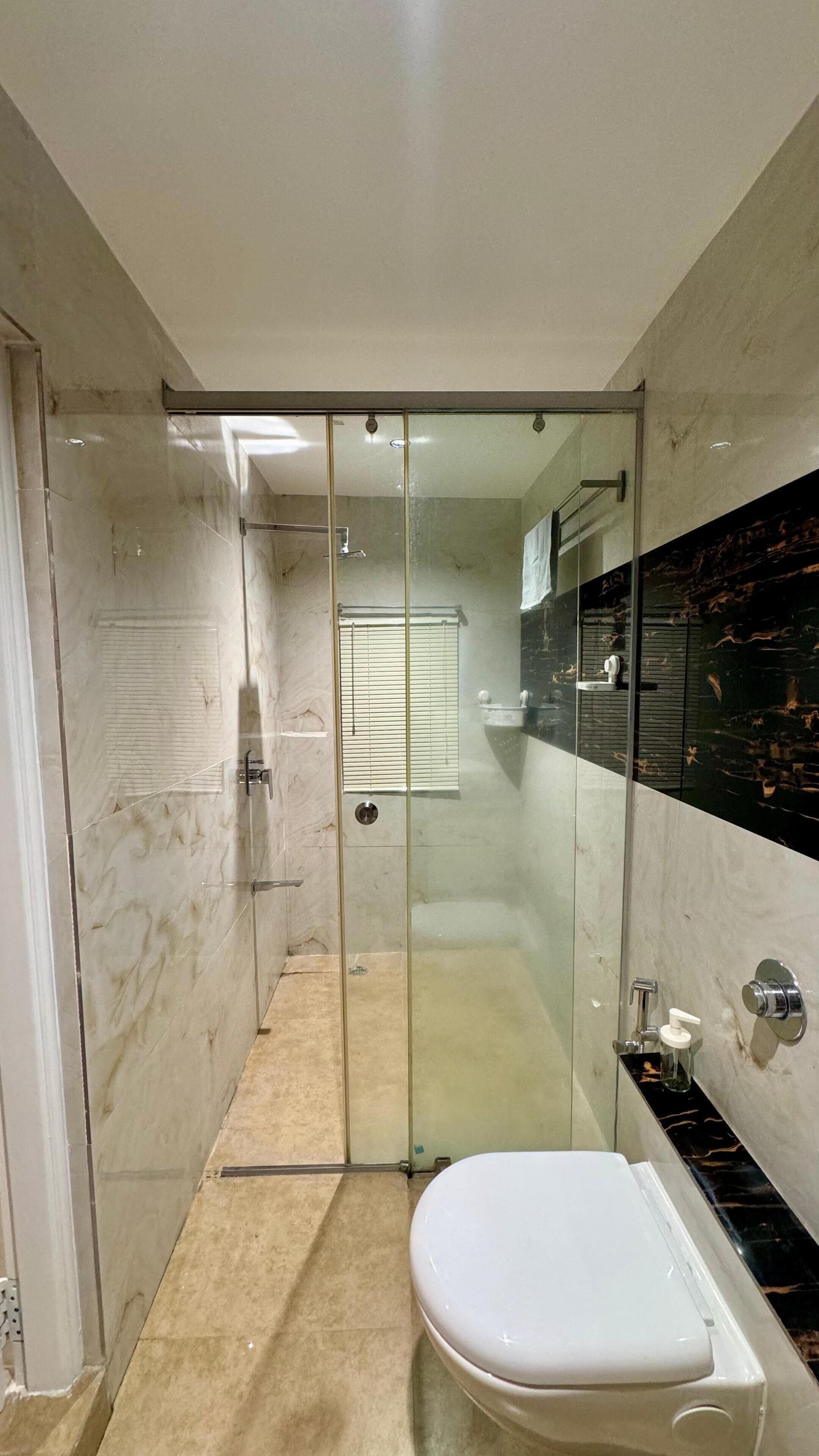 Shower, towels, toilet paper