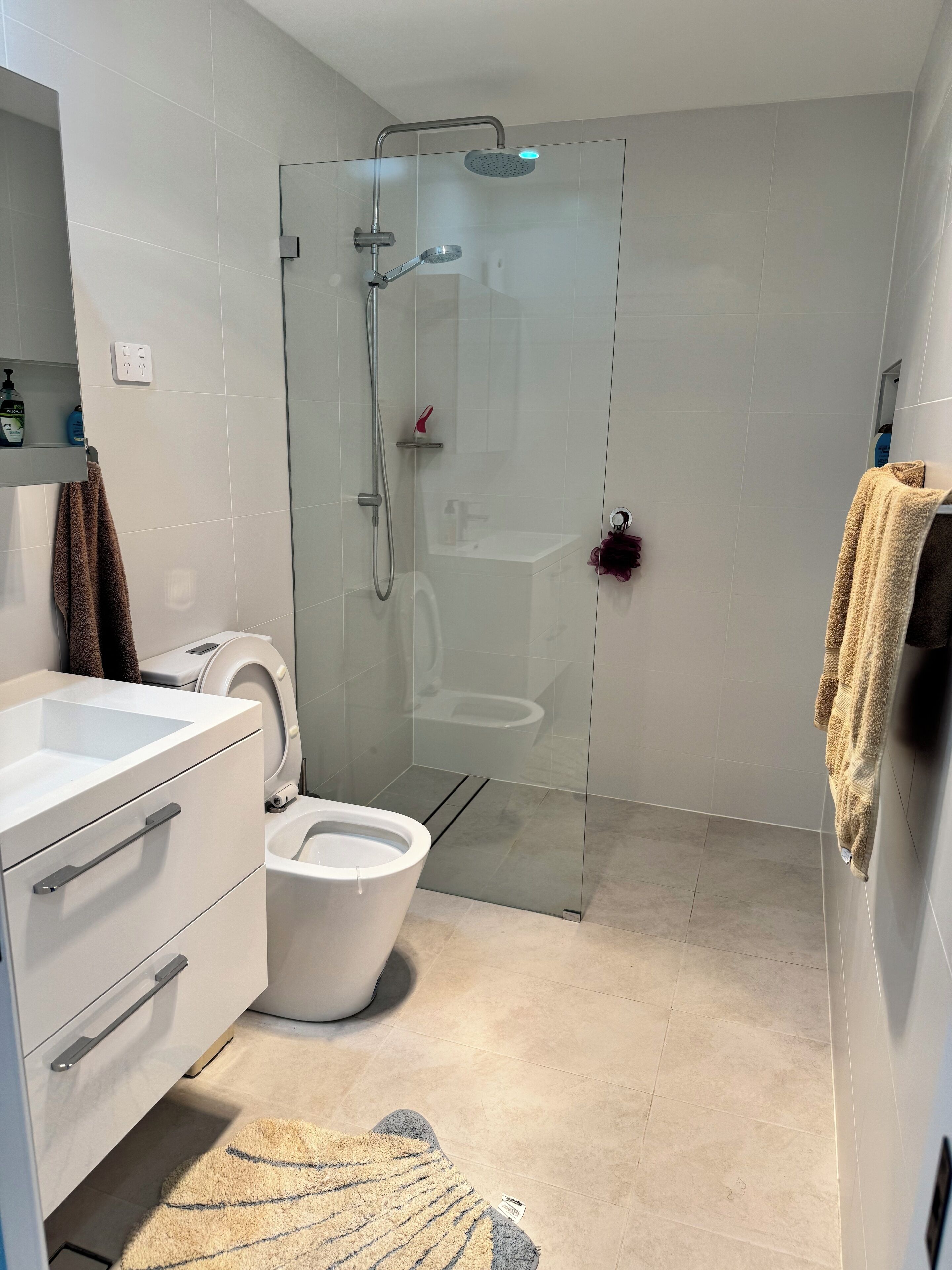 Shower, bidet, towels, toilet paper