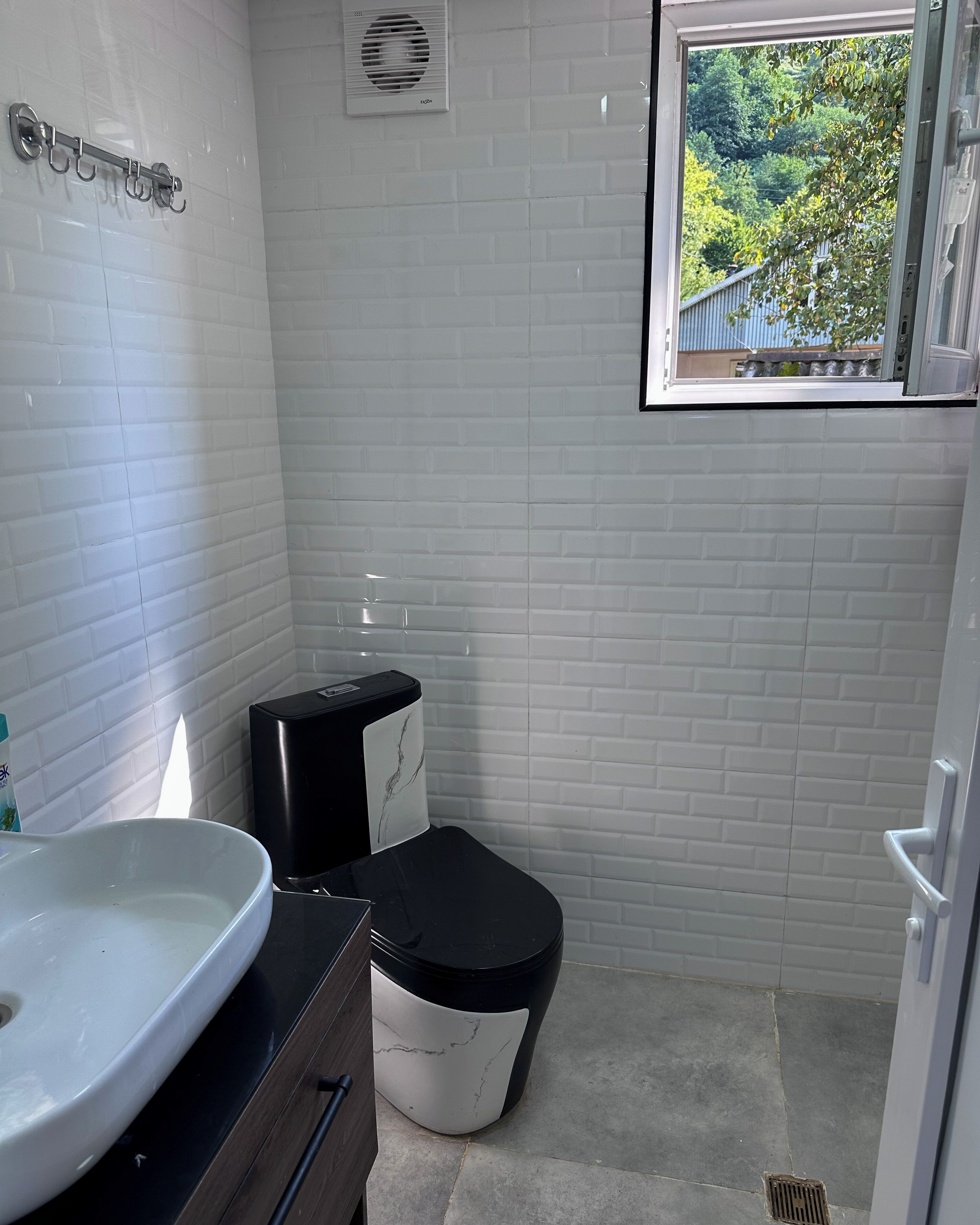 Hair dryer, towels, soap, toilet paper