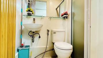 Regadera, bidet, toallas, jabón