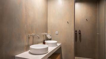 Une salle de bain moderne avec deux vasques rondes blanches, un meuble-lavabo en bois et une cabine de douche en verre.