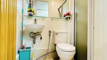 Hair dryer, bidet, towels, soap