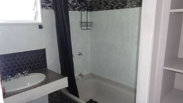 Hair dryer, towels, soap, shampoo