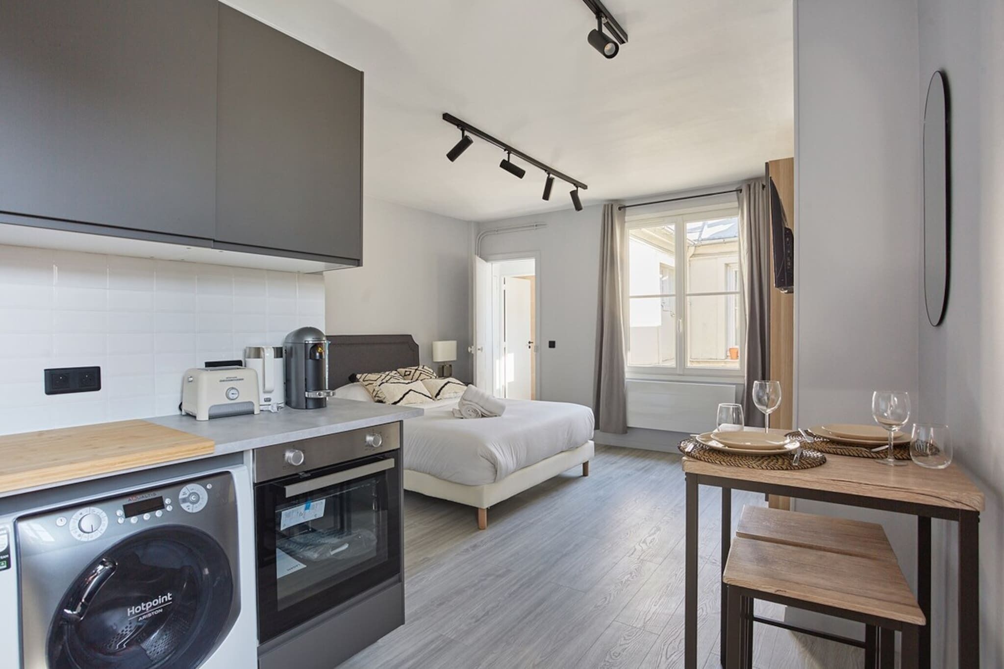 1 bedroom, desk, iron/ironing board, bed sheets