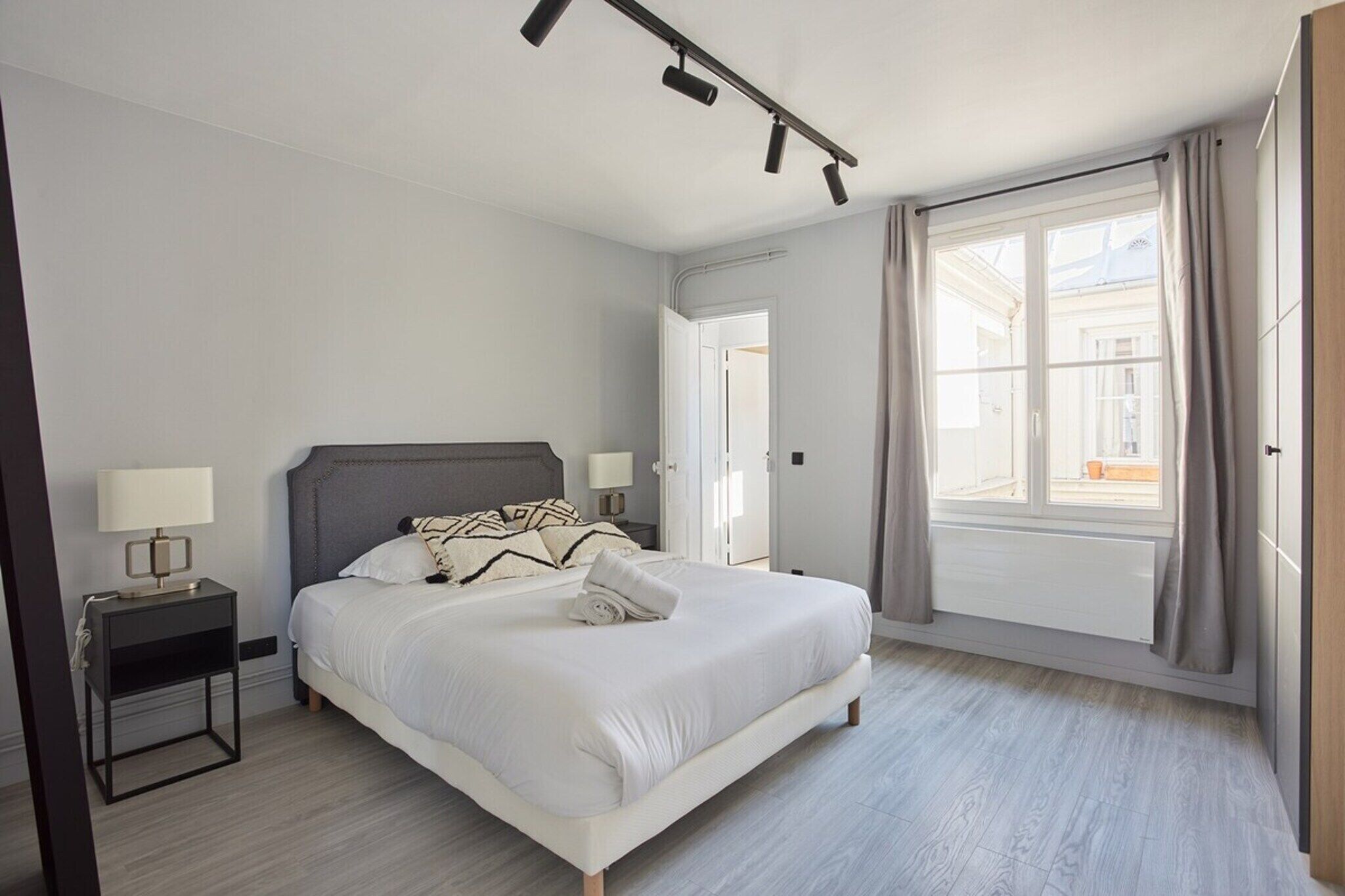 1 bedroom, desk, iron/ironing board, bed sheets