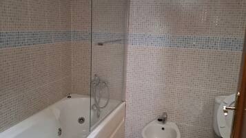 Jetted tub, hair dryer, bidet, towels