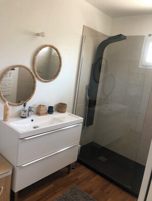 Shower, hair dryer, towels, soap