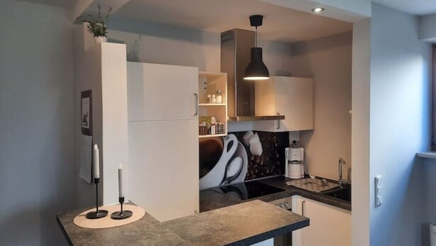 Une cuisine moderne dotée d’un îlot central, de meubles encastrés et d’un luminaire suspendu.