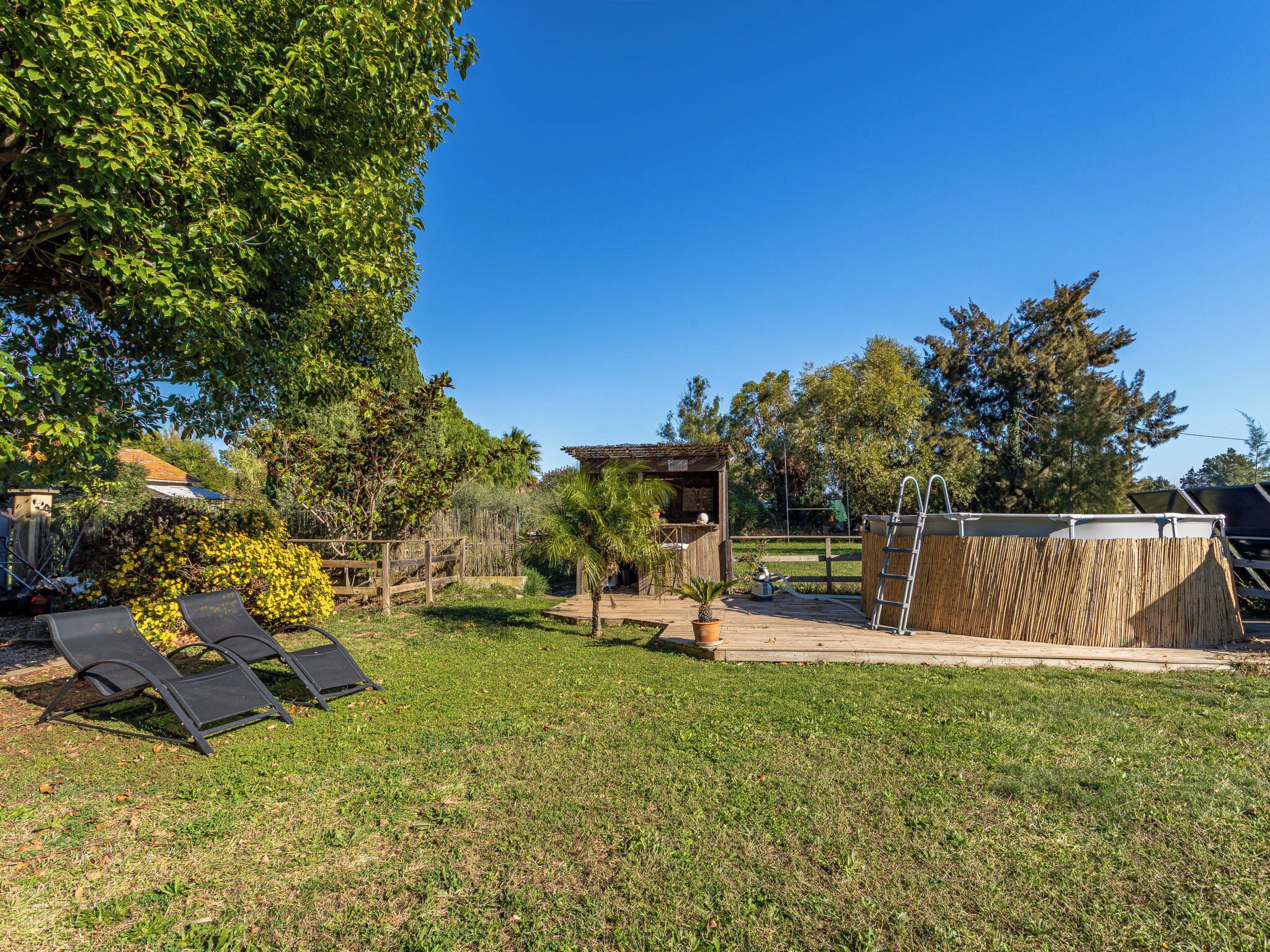 Um quintal com deck de madeira, pérgola e área cercada com painéis solares.