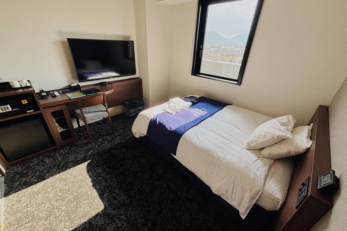 A hotel room with a bed, a desk, a television, and a window with a city view.