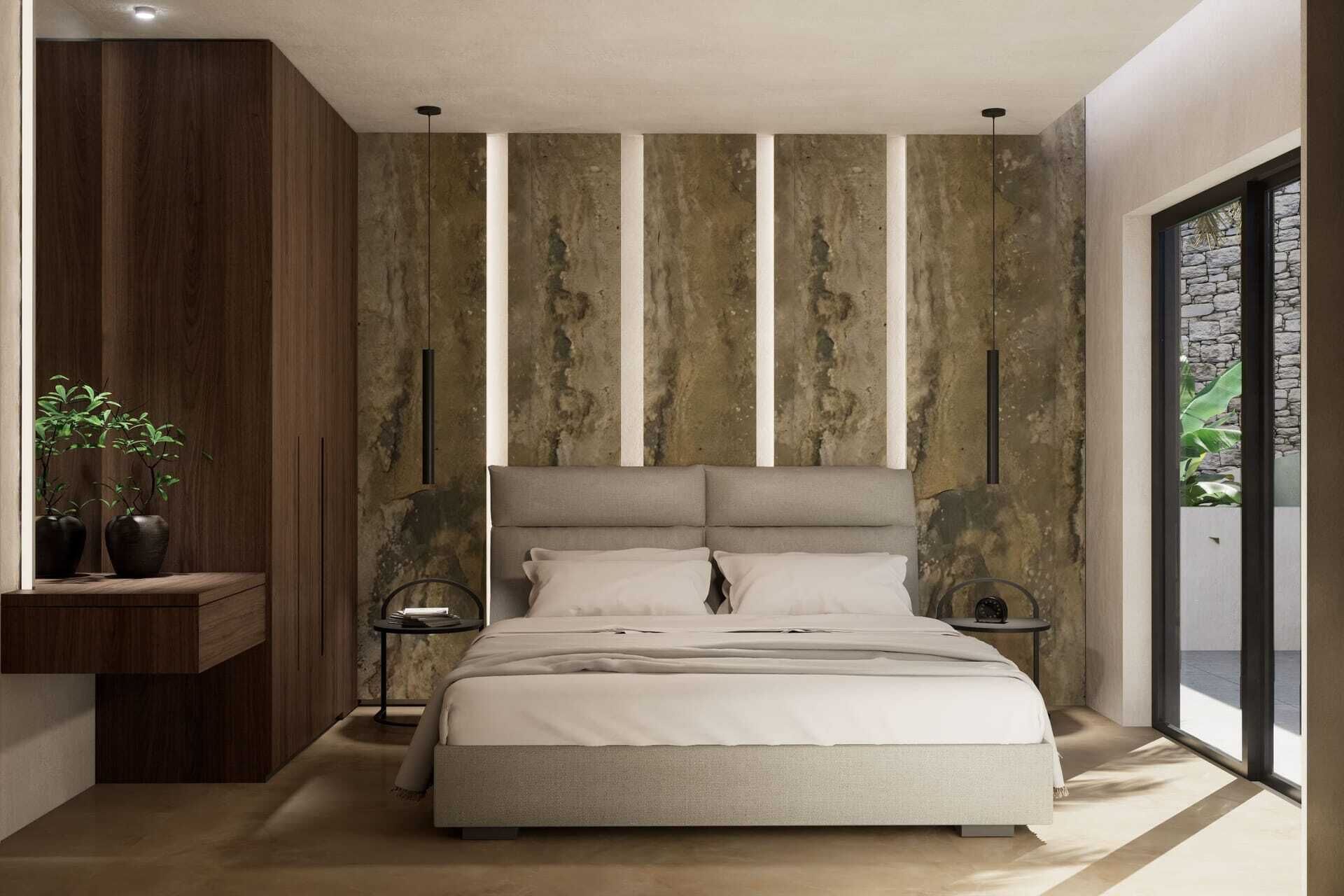 A modern bedroom with a large bed, wooden paneling, and a view through a glass door.
