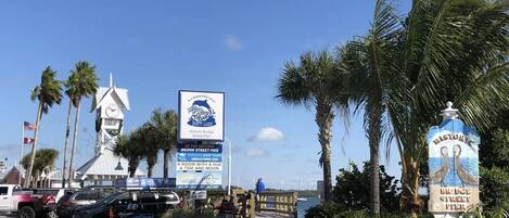 A historic bridge street pier with a clock tower, palm trees, and a signboard advertising tours and a room with a view.