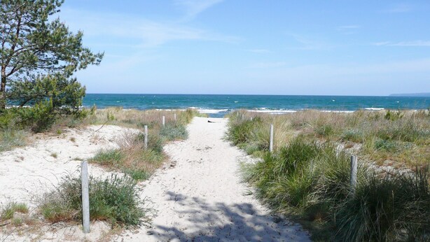 A sandy path leading to a beach with a clear view of the ocean. - Relaxing beach vacation at Villa Daheim in Breege-Juliusruh (Juliusruh)