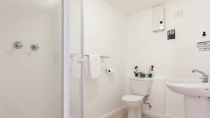 A bathroom with a glass shower enclosure, a toilet, a sink, and a small shelf with toiletries. - Piazza on Church 906 by Ctha (Cape Town)