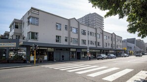 Et gades billede med et fodgængerfelt, bygninger med butikker og parkerede biler.