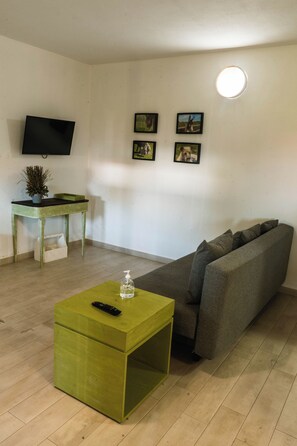Apartamento clássico, 2 camas de solteiro, cozinha americana, vista para o jardim | Área de estar