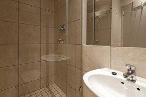 A bathroom with a shower, a sink, and a mirror.