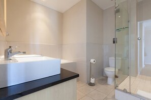 Un bagno moderno con un ampio lavandino bianco, cabina doccia in vetro e un water.