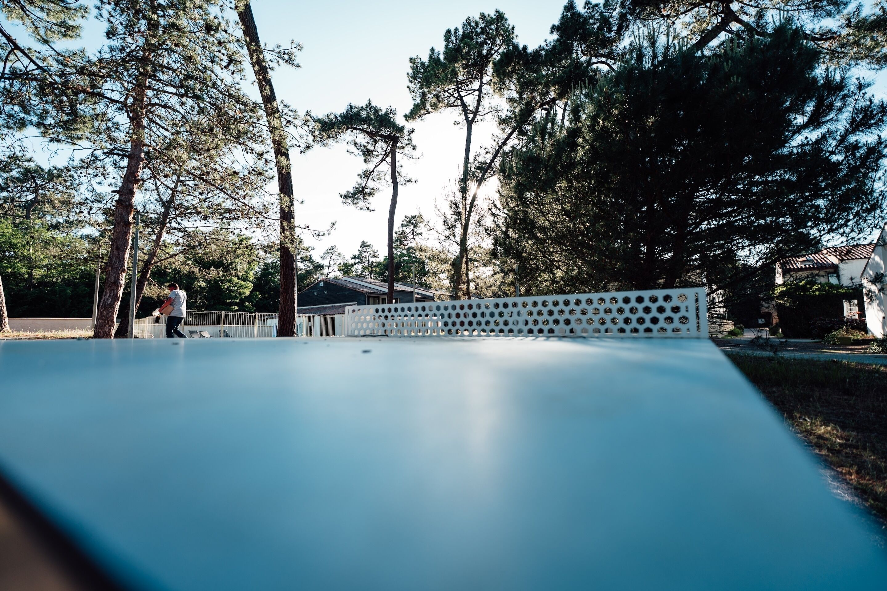 Een skatepark met een houten omheining, bomen en een huis op de achtergrond.