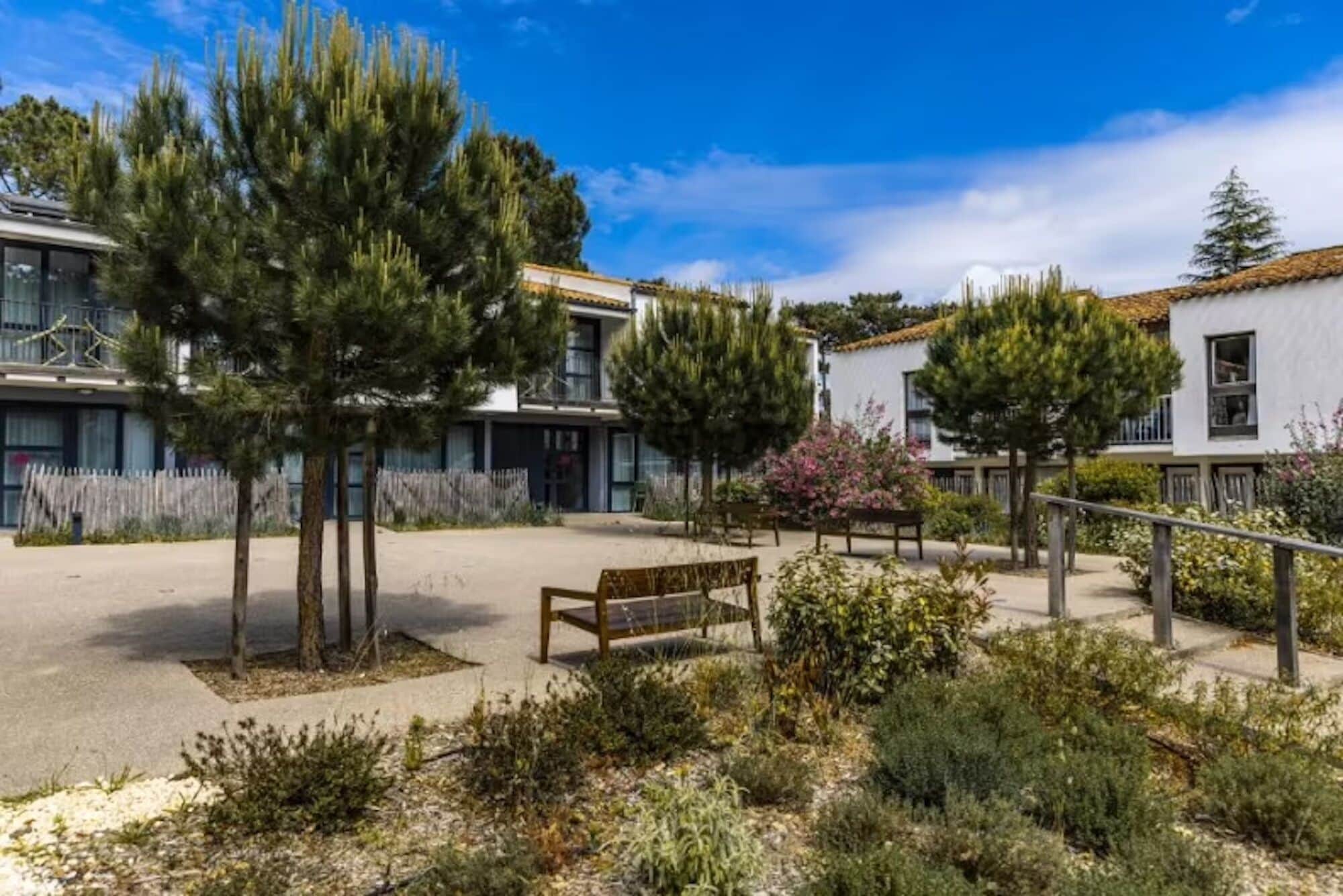 Un patio con bancos, árboles y edificios con balcones.