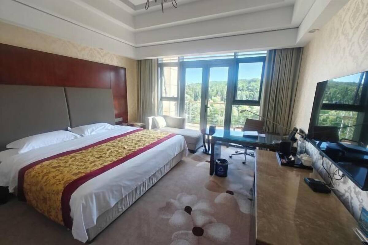 Une chambre d’hôtel avec un grand lit, un bureau, une chaise, une télévision et une vue sur l’extérieur.