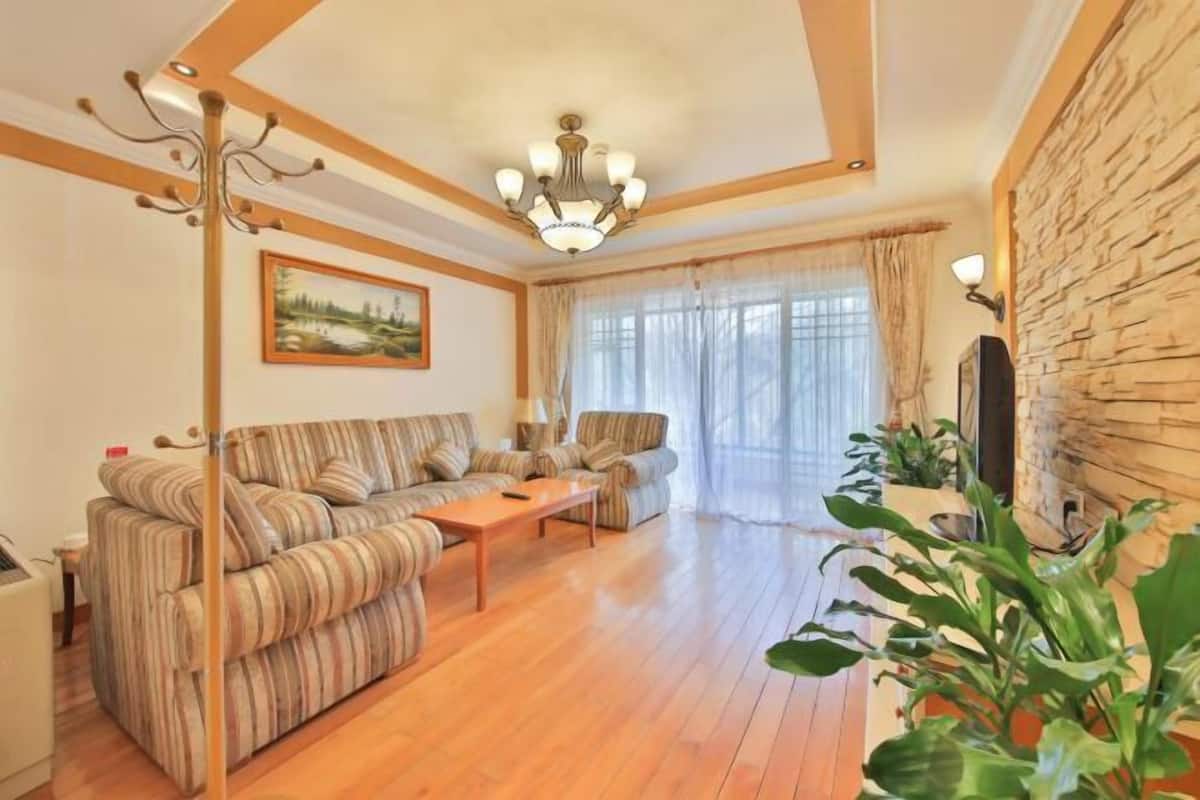 Un salon avec des canapés à rayures, une table basse en bois, un lustre et un mur en pierre.