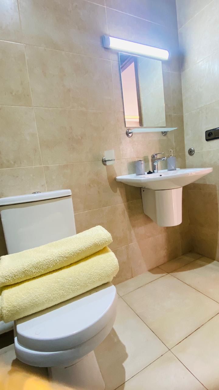 A bathroom with a toilet, sink, and mirror.