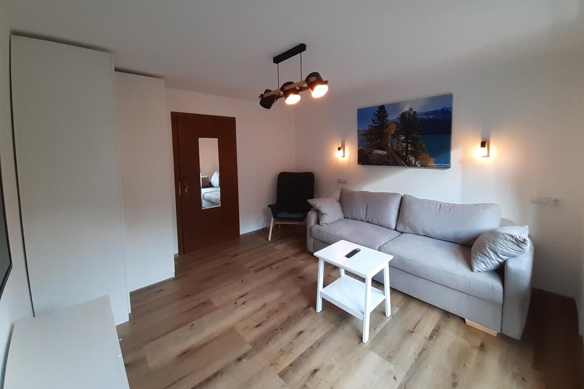 A living room with a sofa, a small white table, a chair, a wooden door with a mirror, and a painting on the wall.