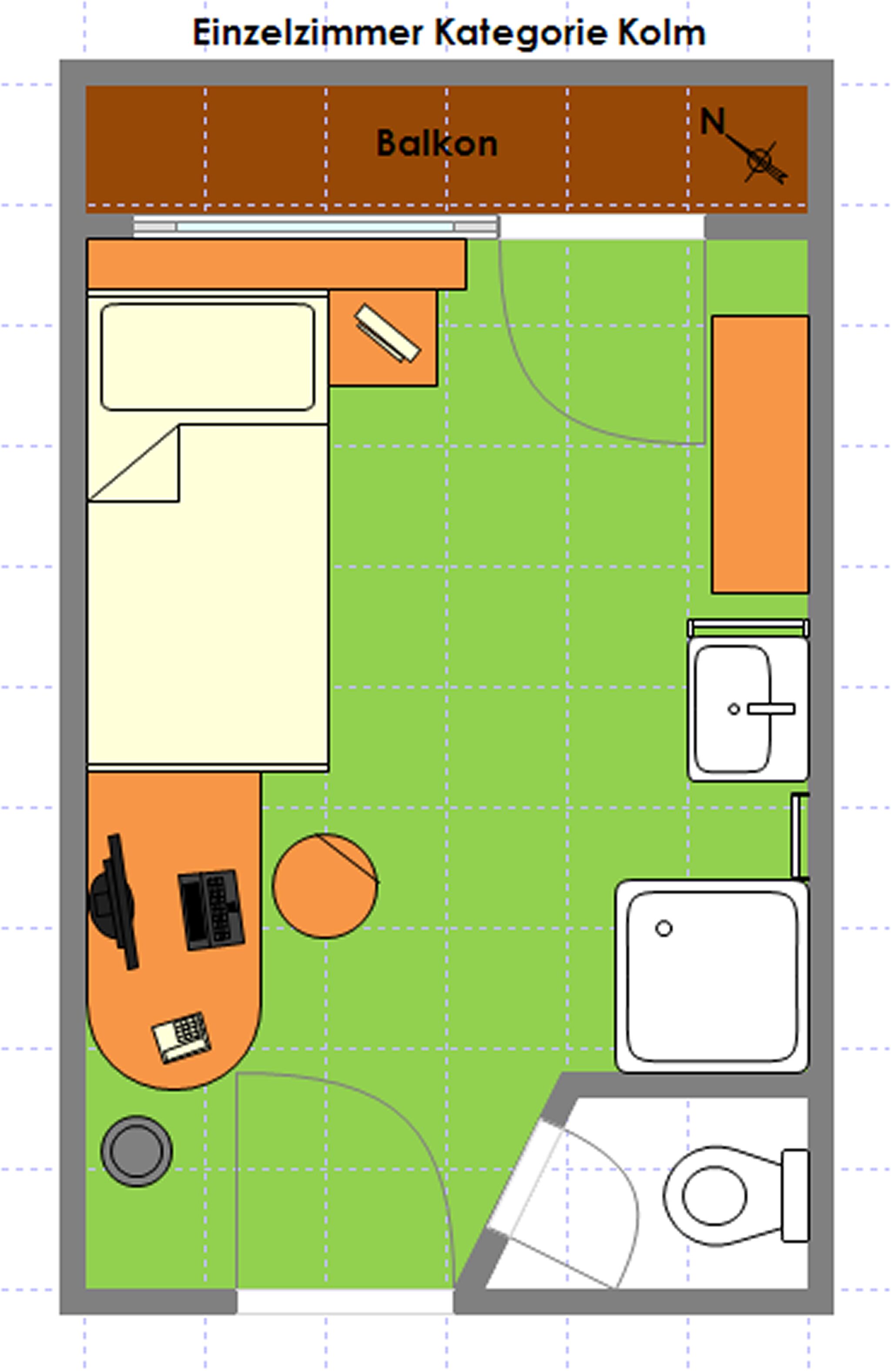 Distribución de una habitación individual con balcón, cama, una mesita con silla, inodoro y lavabo.