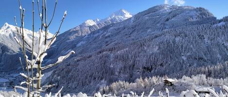 A mountainous landscape with snow-covered trees and a clear blue sky.