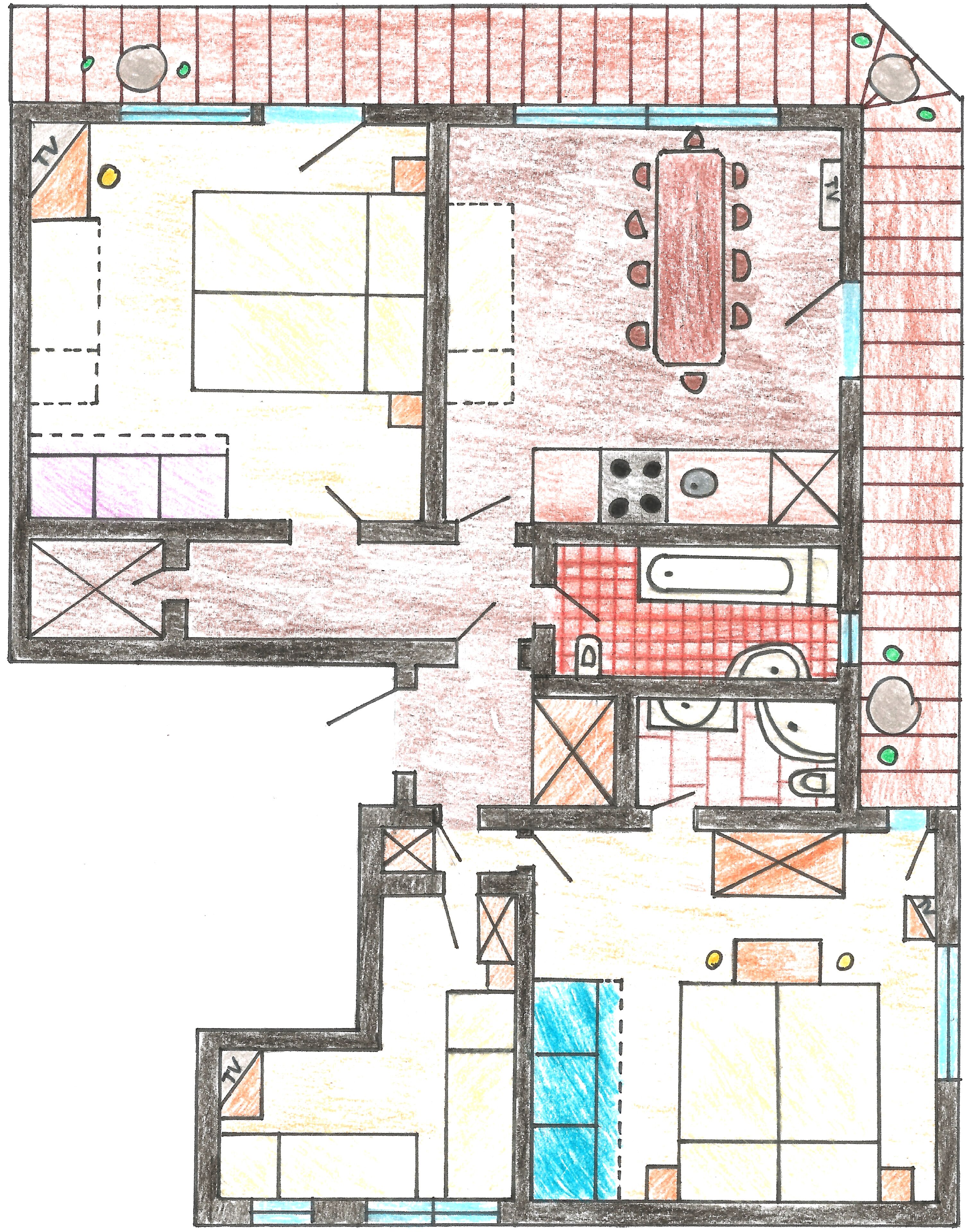 Un plan d’étage d’un hôtel comprenant un espace repas, une cuisine et plusieurs chambres.