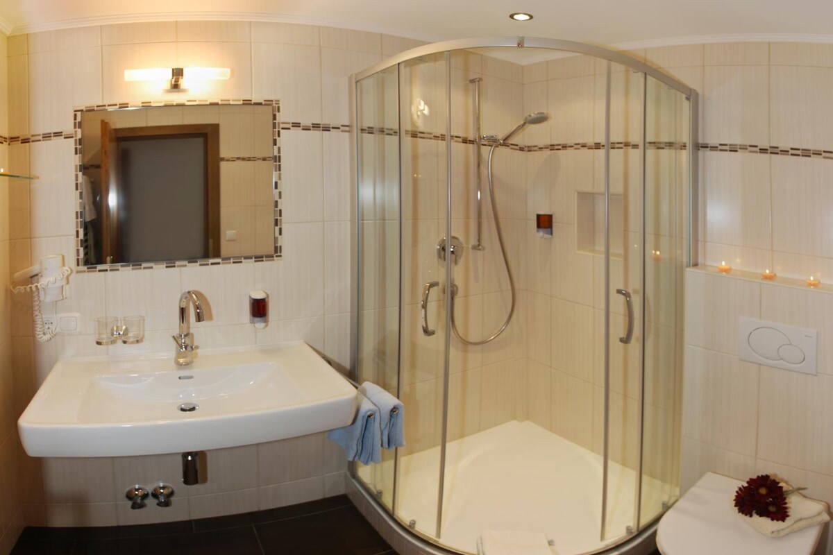 A modern bathroom with a glass-enclosed shower, a sink with a mirror, and a toilet.