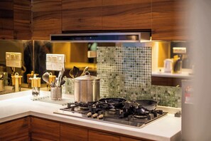 Fridge, oven, stovetop, cookware/dishes/utensils