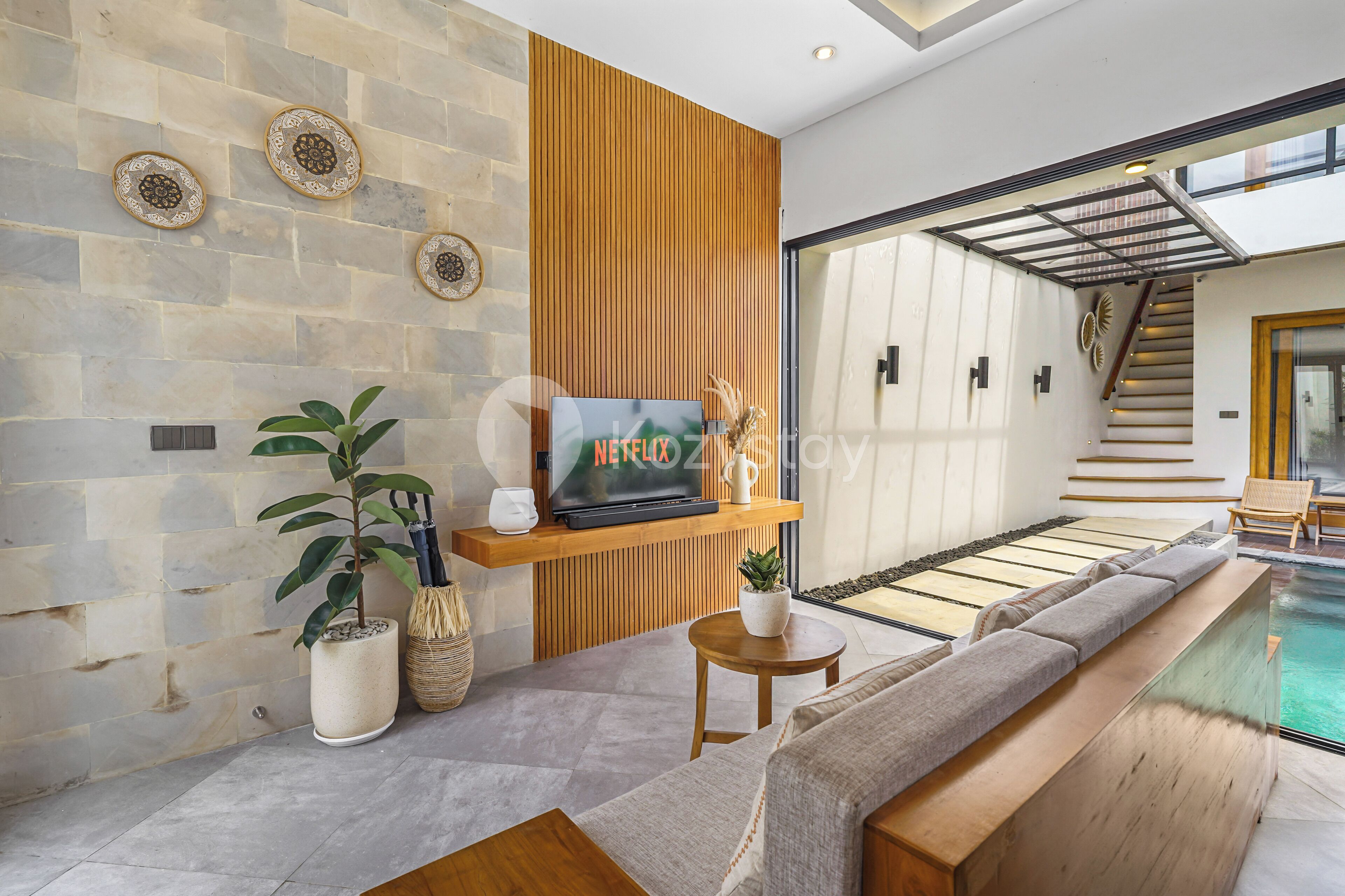 Villa, 2 Bedrooms, Balcony, Pool View | Living area | 43-inch Smart TV with cable channels, Netflix, streaming services