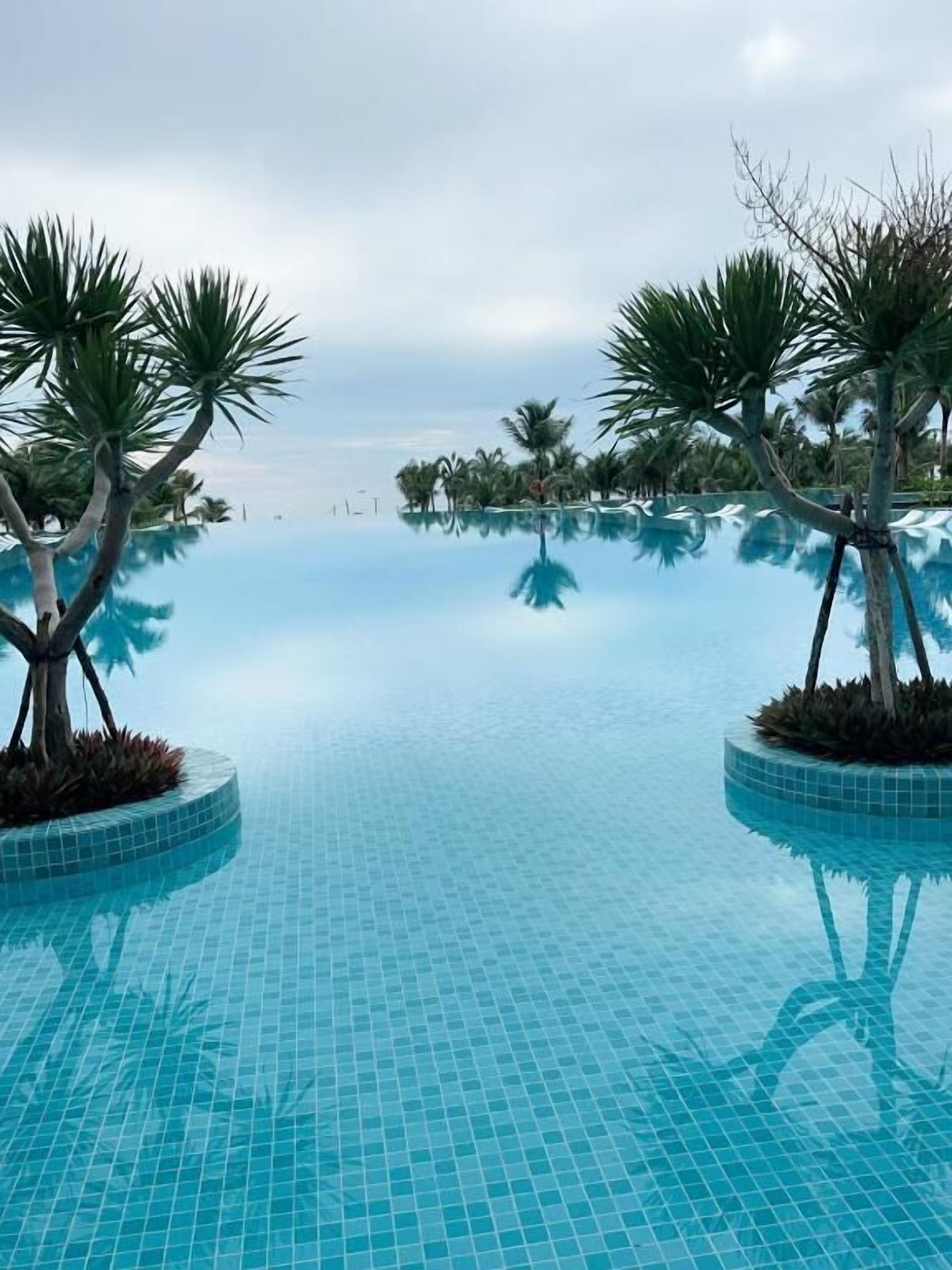 On peut admirer une magnifique piscine à débordement dont le fond est recouvert de carrelage, entourée de palmiers et offrant une vue lointaine sur la mer.
