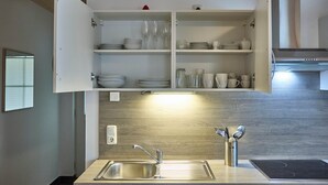 A modern kitchen with a built-in sink, stainless steel faucet, and a range hood above the stove. - Ferienwohnung Lisa (Bad Mitterndorf)