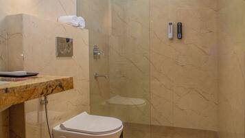 Shower, free toiletries, hair dryer, slippers